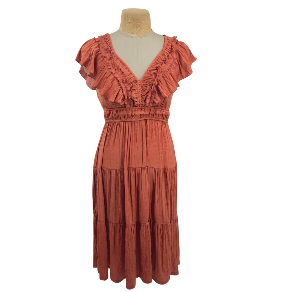 Tahari Tiered Ruffle Midi Dress Women S Rust Orange V-Neck Boho Festival Prairie